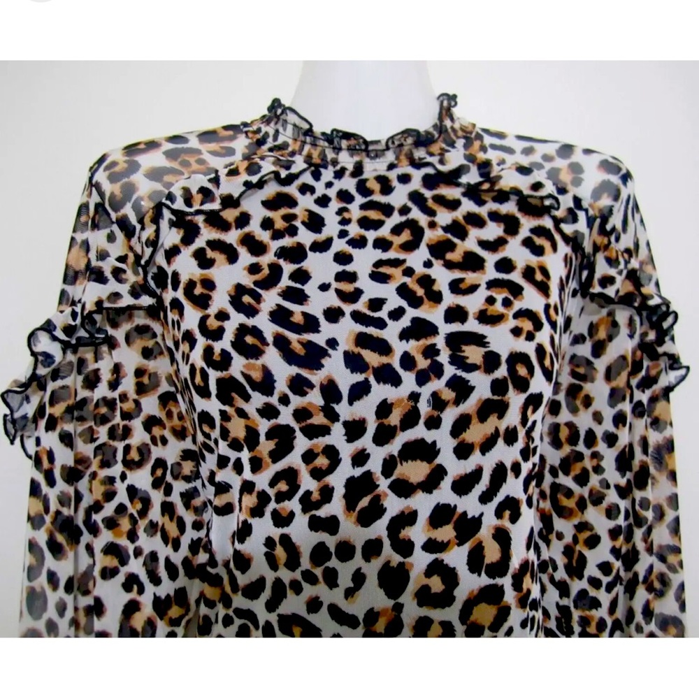 Leopard Cheetah Animal Print Ruffle Mesh Top - image 3